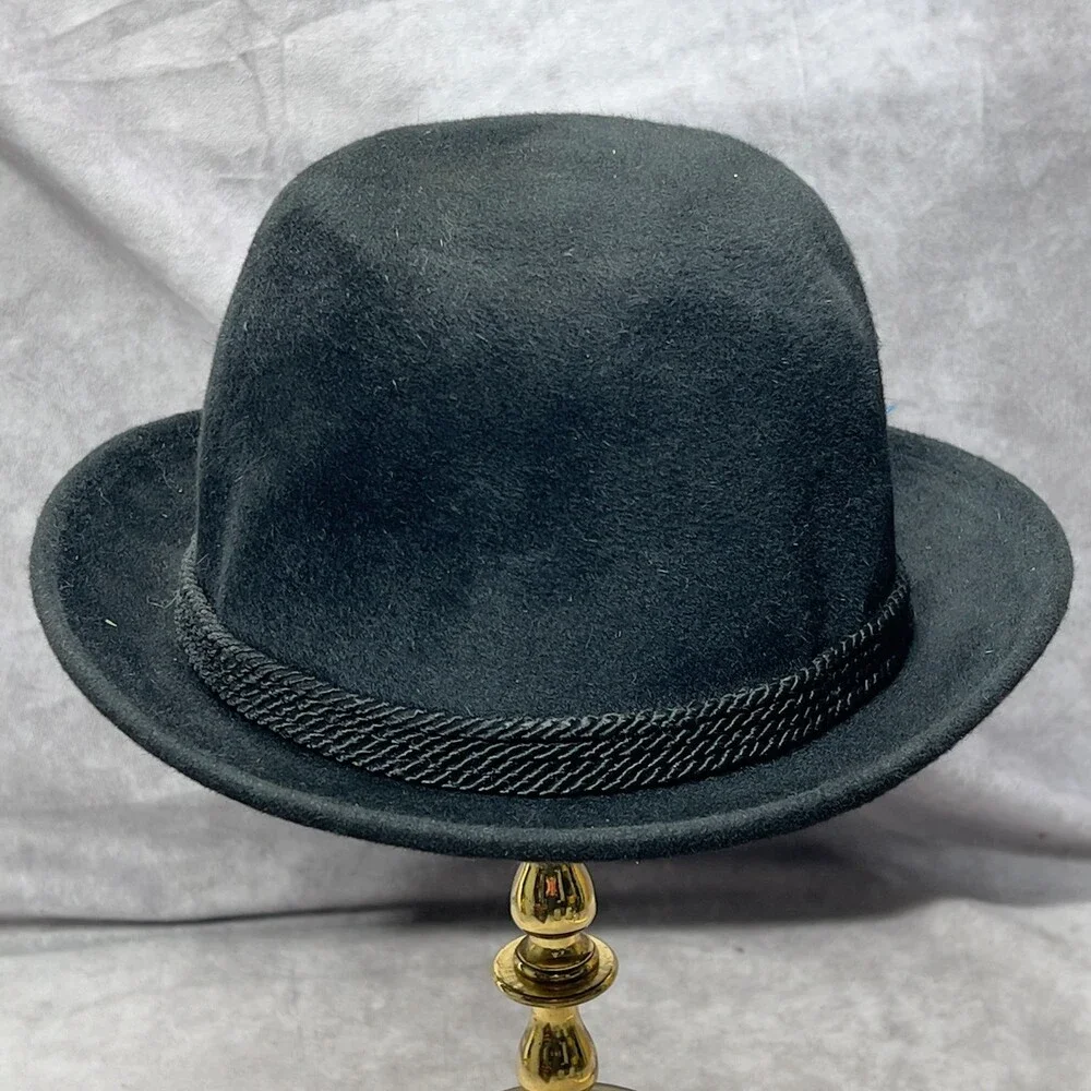 VTG Fur Felt Fedora Mens 7 1/8 Black Custom Cord Band Feather Soft Union Made